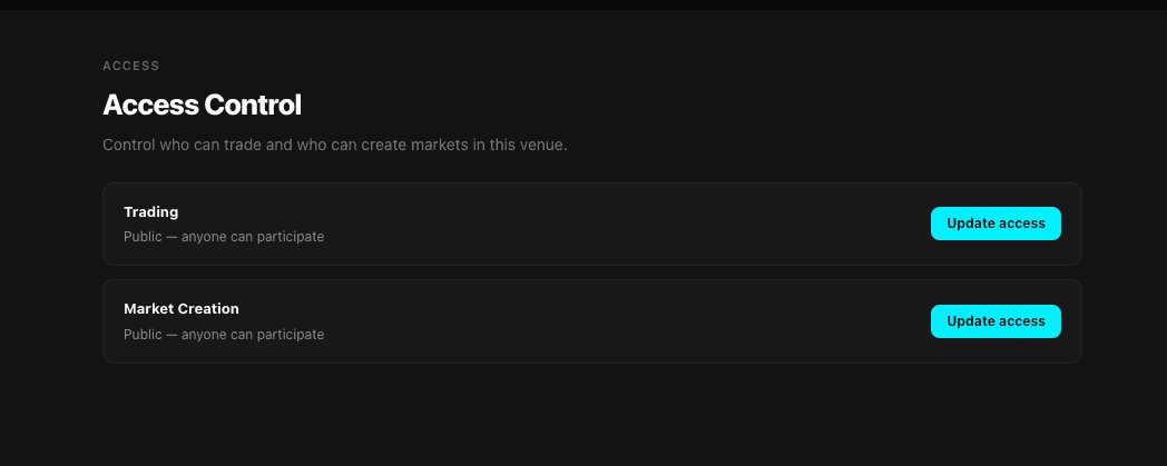 Access tab — trading and creation gates