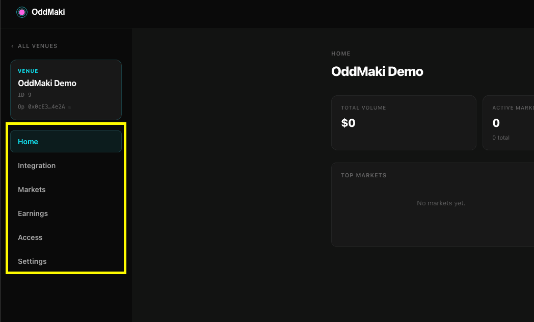 Venue dashboard with the Settings, Access, Markets, Earnings, and Integration tabs