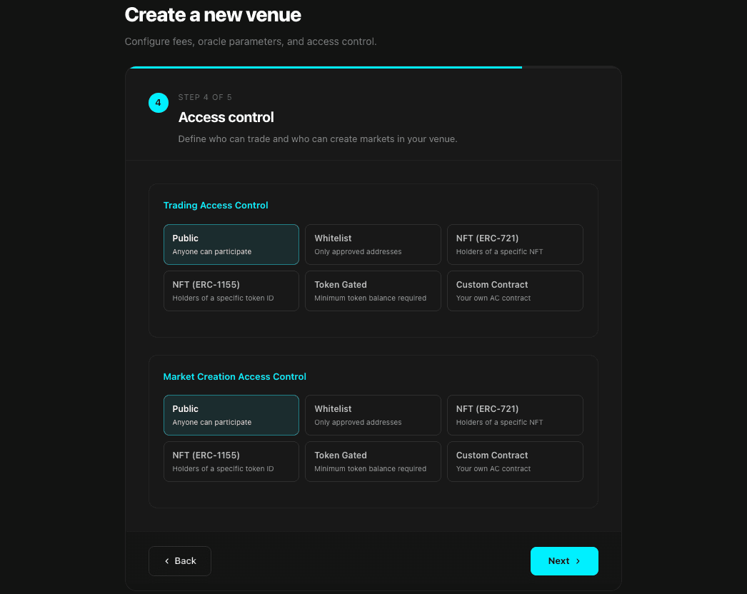 Step 4 — trading and creation access gates