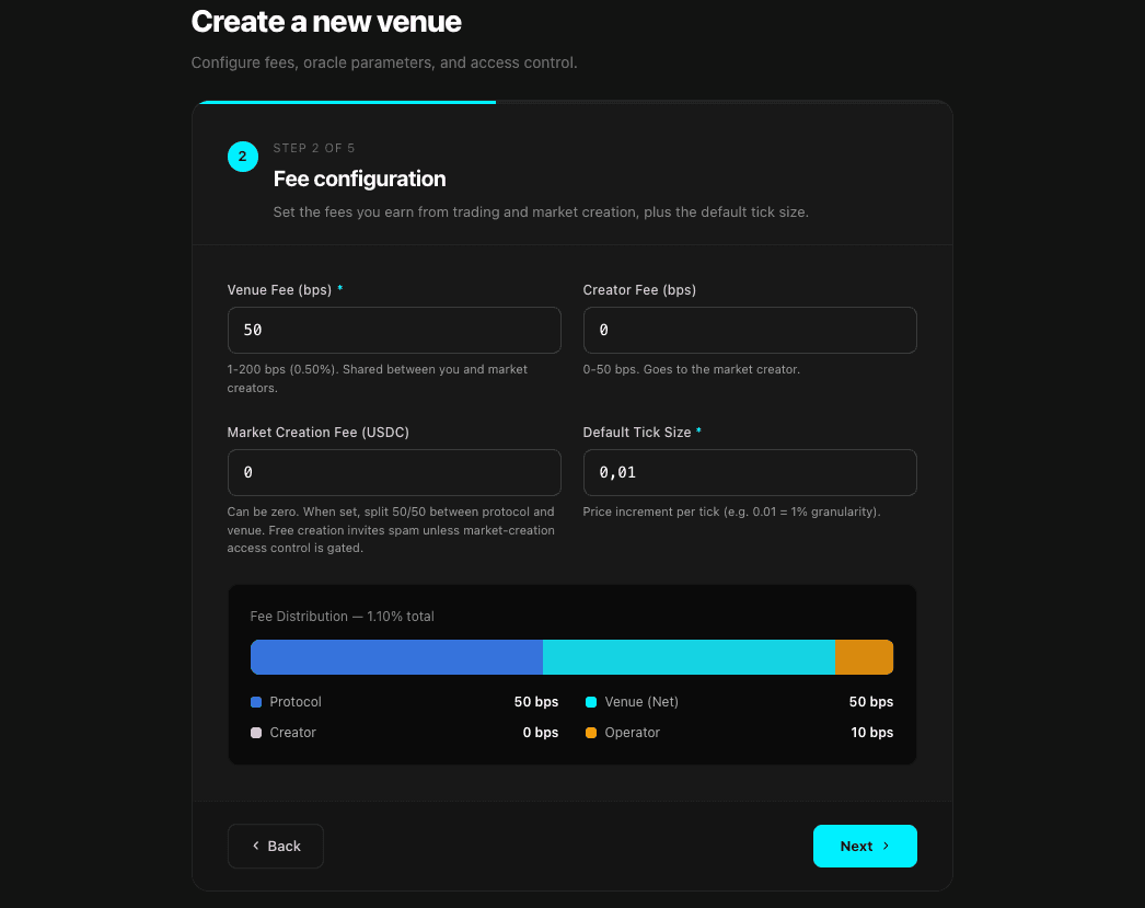 Step 2 — fees and market creation fee