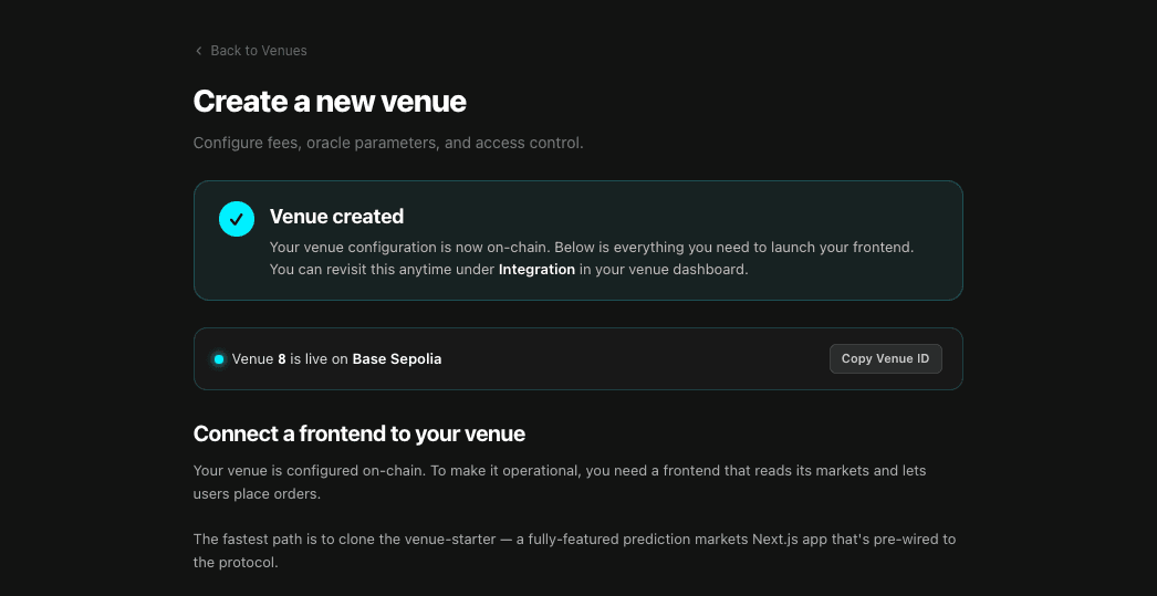 Success — new venue dashboard with the venueId
