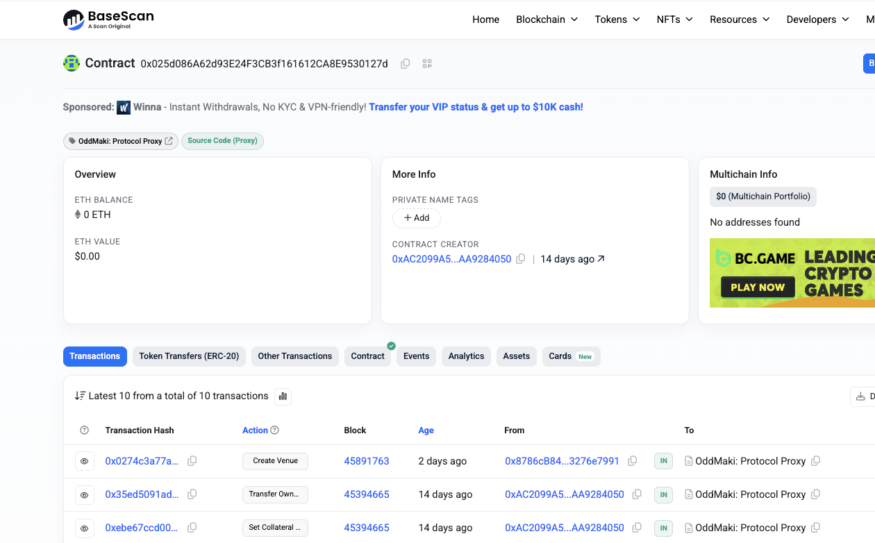 The OddMaki Diamond contract on Basescan, showing a verified contract and a real Create Venue transaction from an operator address