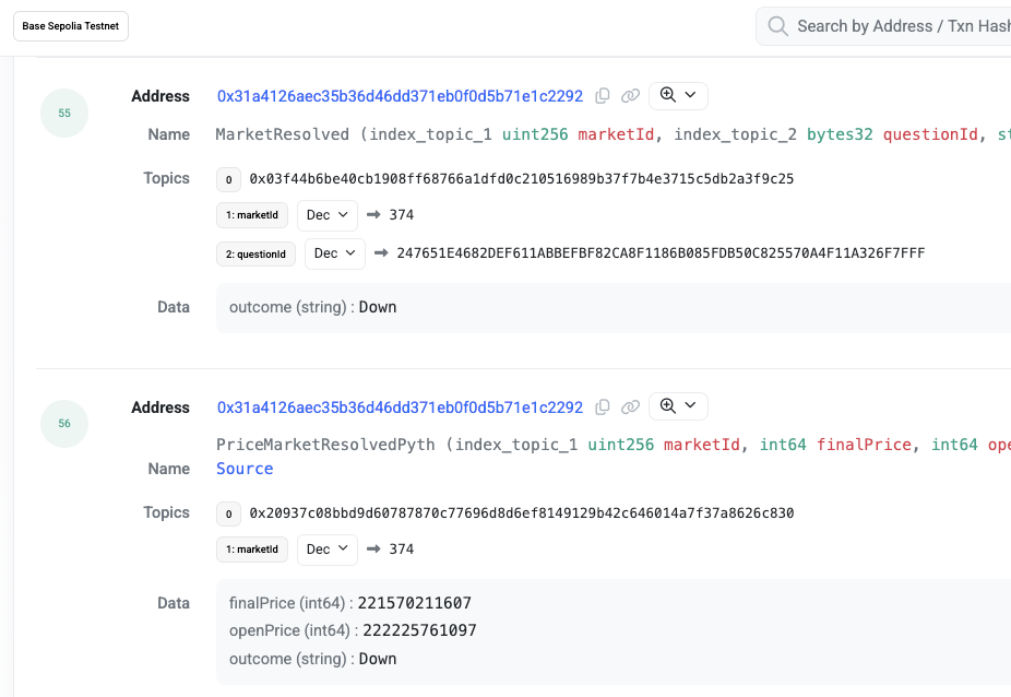 Decoded event logs on Basescan from a Pyth-resolved price market on Base Sepolia, showing the PriceMarketResolvedPyth and MarketResolved events with the outcome
